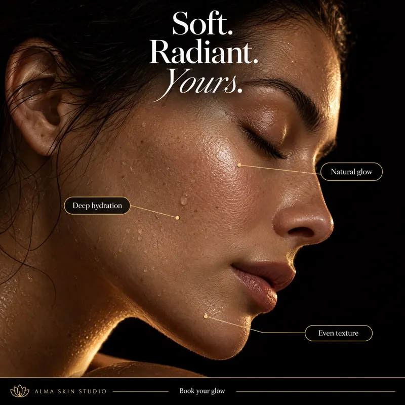 Alma Skin Studio ad with a close-up of glowing skin, "Soft. Radiant. Yours."
