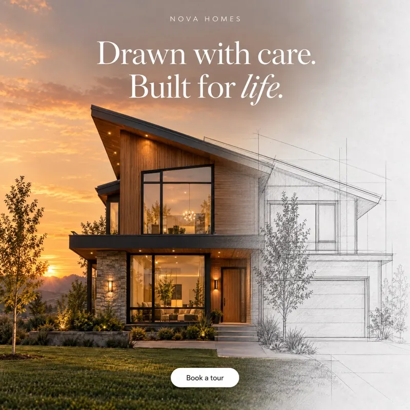Nova Homes ad: half photo, half sketch of a modern house, "Drawn with care. Built for life."