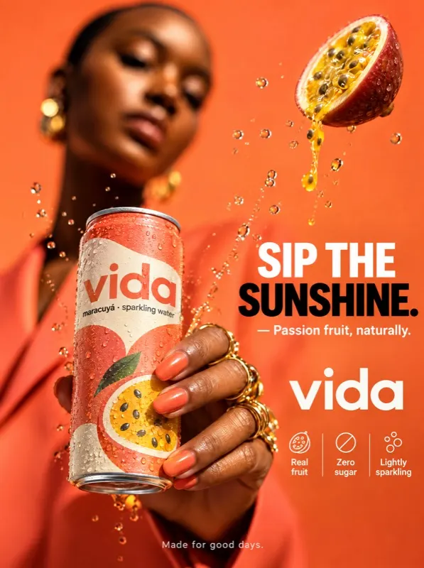 Vida passion fruit sparkling water ad, "Sip the sunshine."